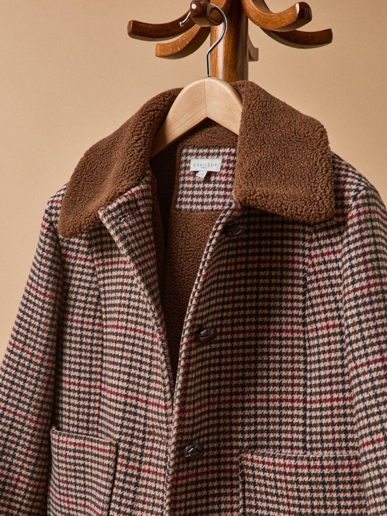 Manteau court lainage carreaux fourré femme - Image 5