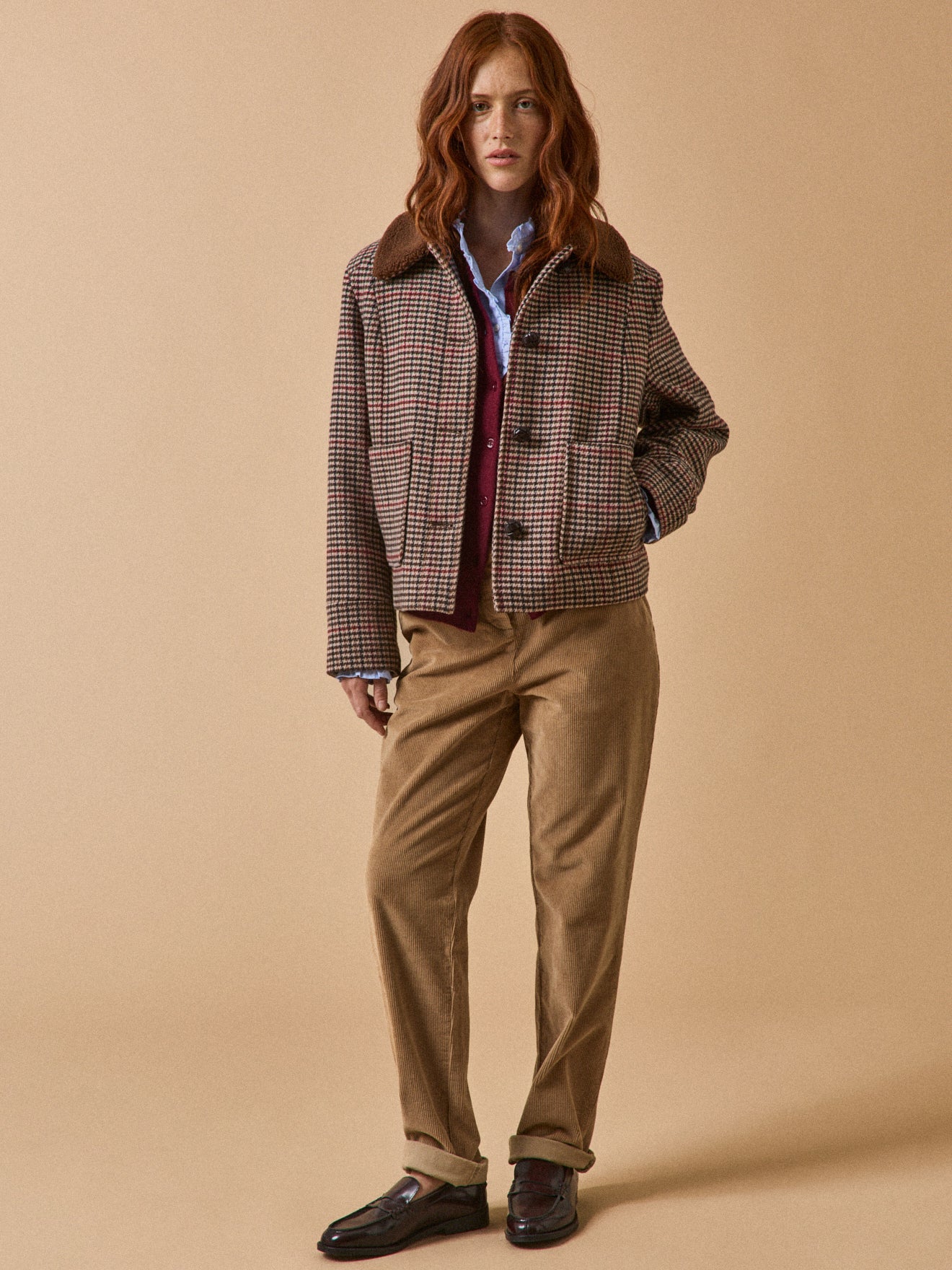 Manteau court lainage carreaux fourré femme - Image 7