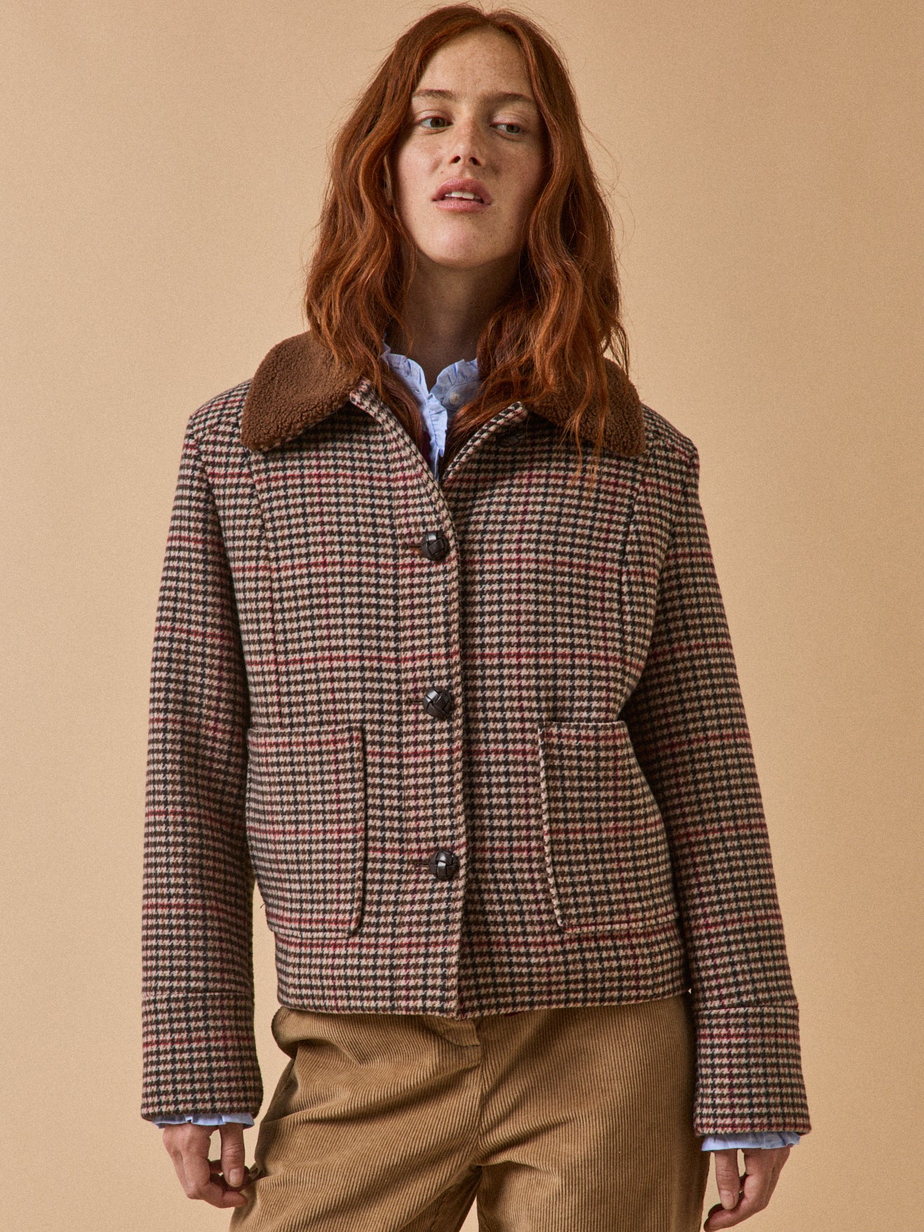 Manteau court lainage carreaux fourré femme - Image 8