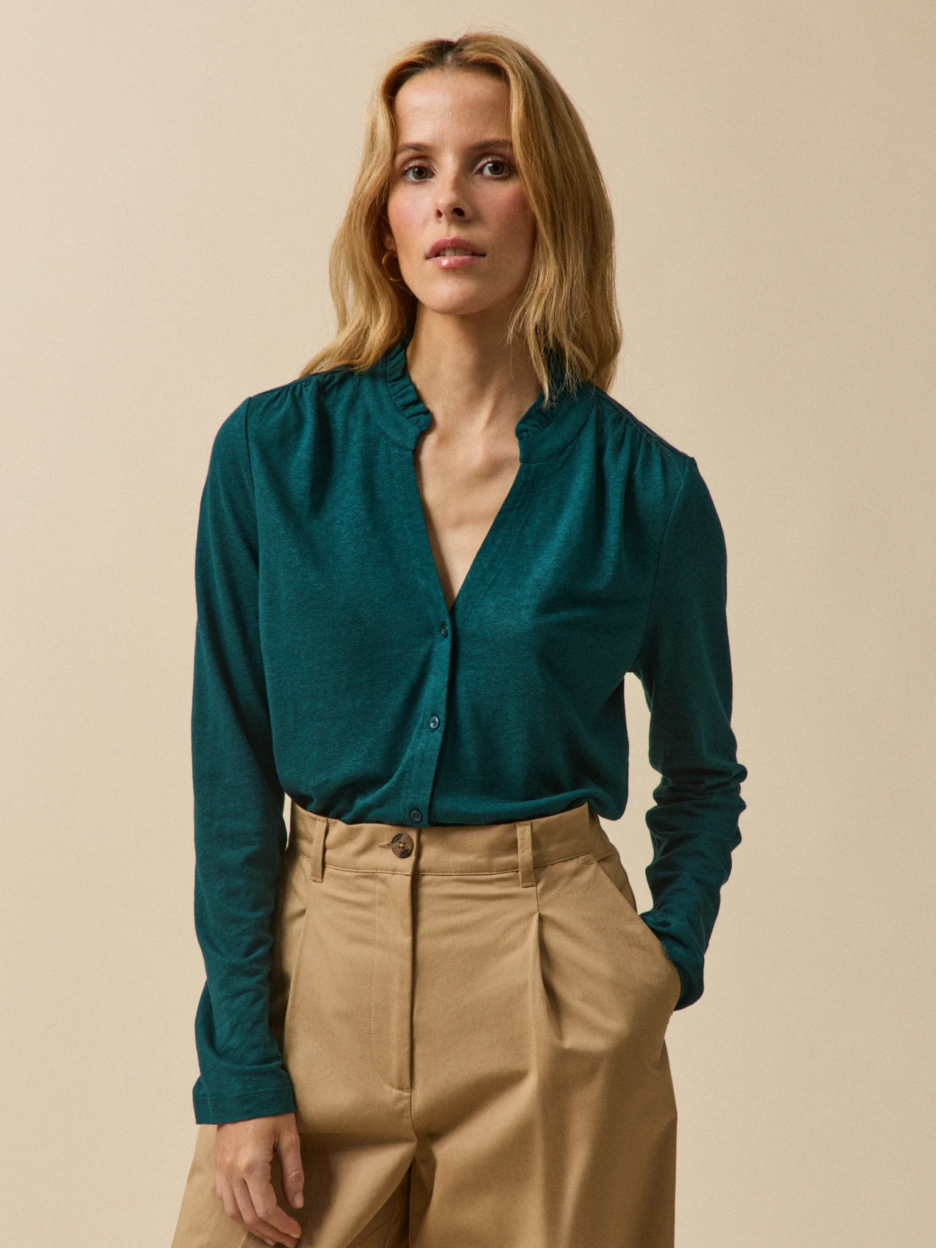 T-shirt boutonné lin et viscose femme - Image 4